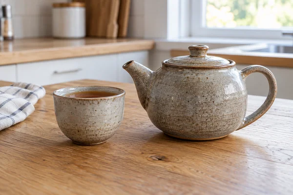 Eine schwere Steinzeugkanne mit passender Tasse auf einer Arbeitsfläche