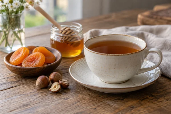 Teetasse mit Aprikose, Haselnuss und Honig als Aromavergleich