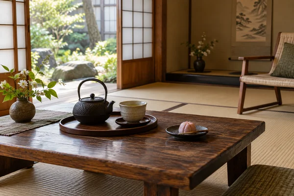 Japanischer Teeraum mit niedriger Teestation und zusätzlichem Stuhl