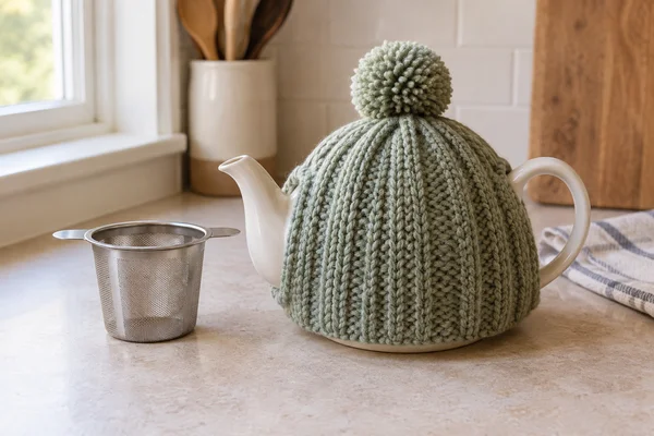 Eine gestrickte Kannenhaube über einer Keramikkanne neben einem leeren Sieb