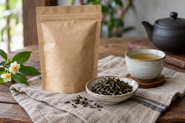 Schlichte Teepackung und trockene Blätter auf Naturstoff
