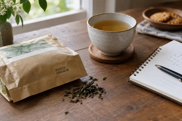 Teepackung mit Chargenfeld neben Notizbuch und heller Teetasse