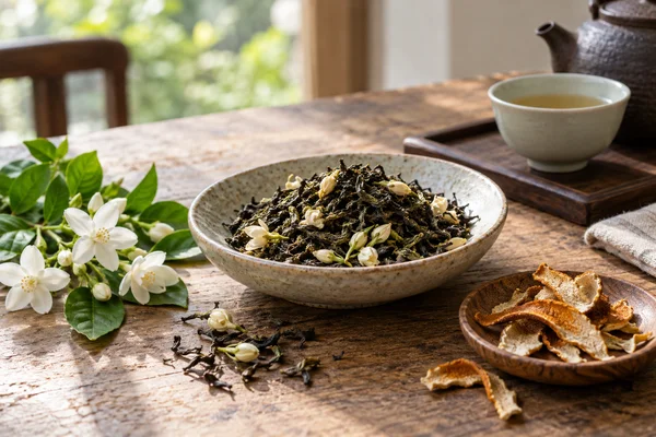Jasminblüten neben trockenem Tee und getrockneter Zitrusschale