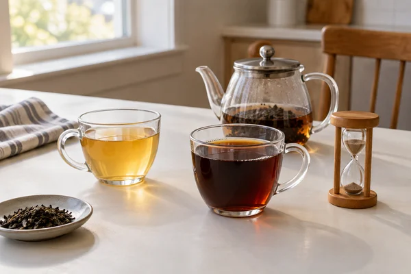 Eine dunkle und eine helle Tasse Tee neben einer Glaskanne und einer Sanduhr