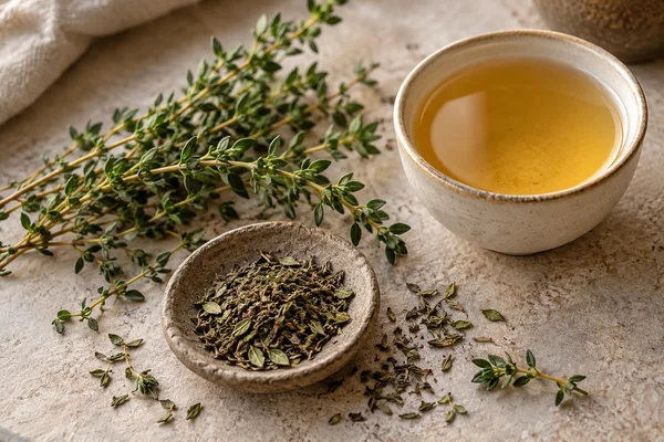 Kleine Thymianblätter an feinen Stielen neben trockenem Thymian und goldenem Aufguss