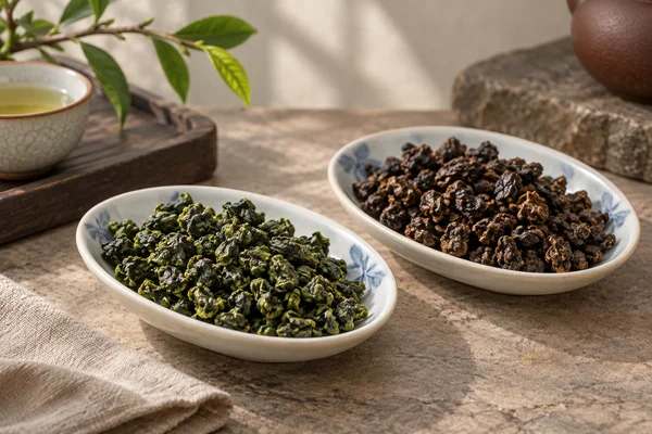 Grün gerollter und dunkler gerösteter Tieguanyin in getrennten Schalen