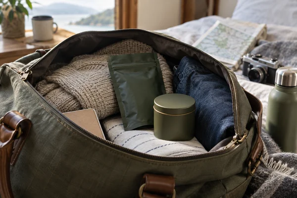Kleine verschlossene Teedose und Teepackung in einer Reisetasche