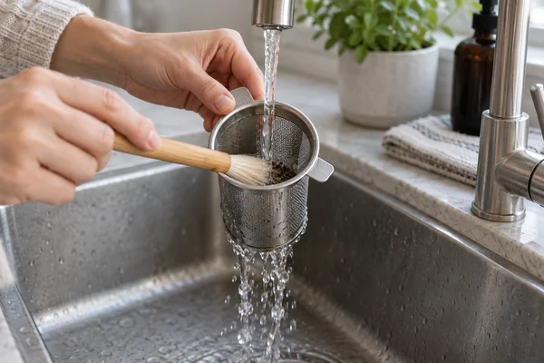 Ein Teesieb wird über einem Spülbecken mit Wasser ausgespült
