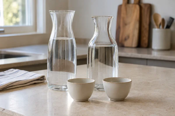 Zwei Wasserkaraffen und zwei gleiche Tassen mit hellem Tee